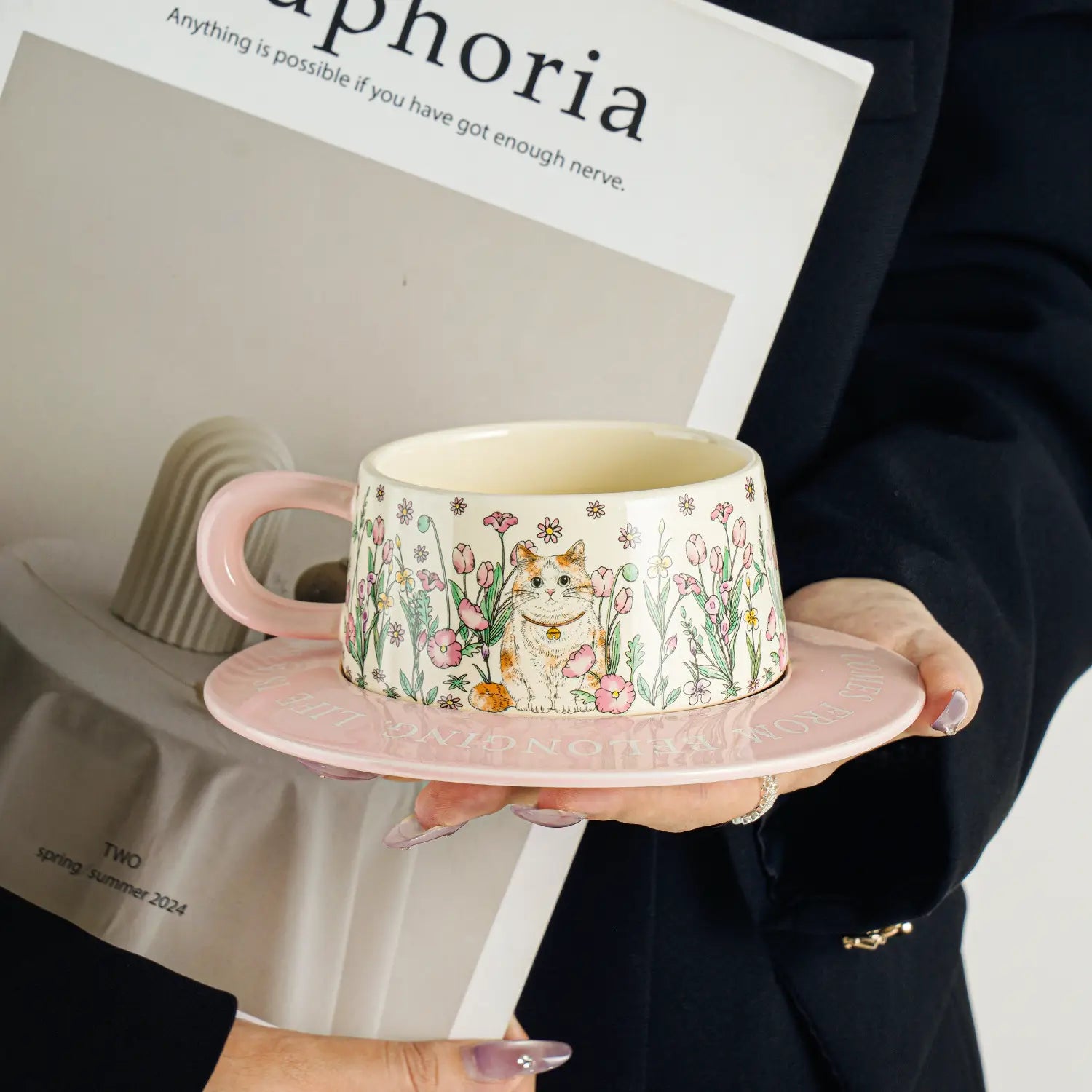 Oil-Painted Style Cat in the Flowers Ceramic Coffee Cup & Saucer Set  Elegant Pottery Mug Tea Cup Favors