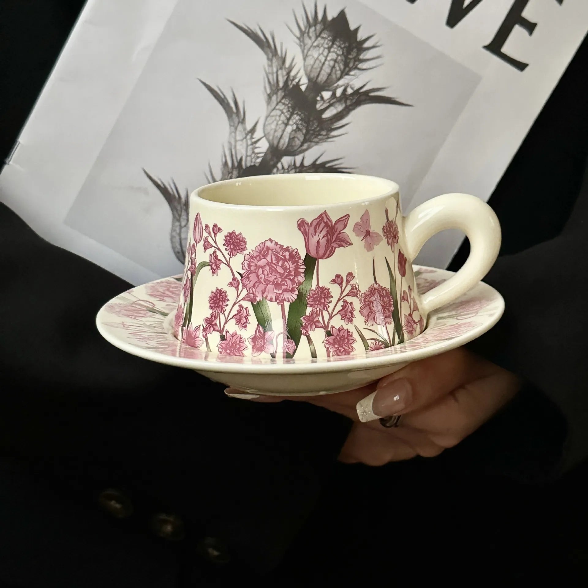 Hand-Painted Pink Peony Oil Painting Ceramic Coffee Cup and Saucer Set Vintage Classic Mug Tea Cup for Elegant Tableware