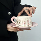 Hand-Painted Lily Ceramic Coffee Cup & Saucer Set Pink Pottery Mug Tea Cup