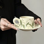 Hand-Painted Green Lily Ceramic Coffee Cup Saucer Set Vintage Classic Pottery Mug Tea Cup