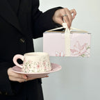 Hand-Painted Lily Ceramic Coffee Cup & Saucer Set Pink Pottery Mug Tea Cup