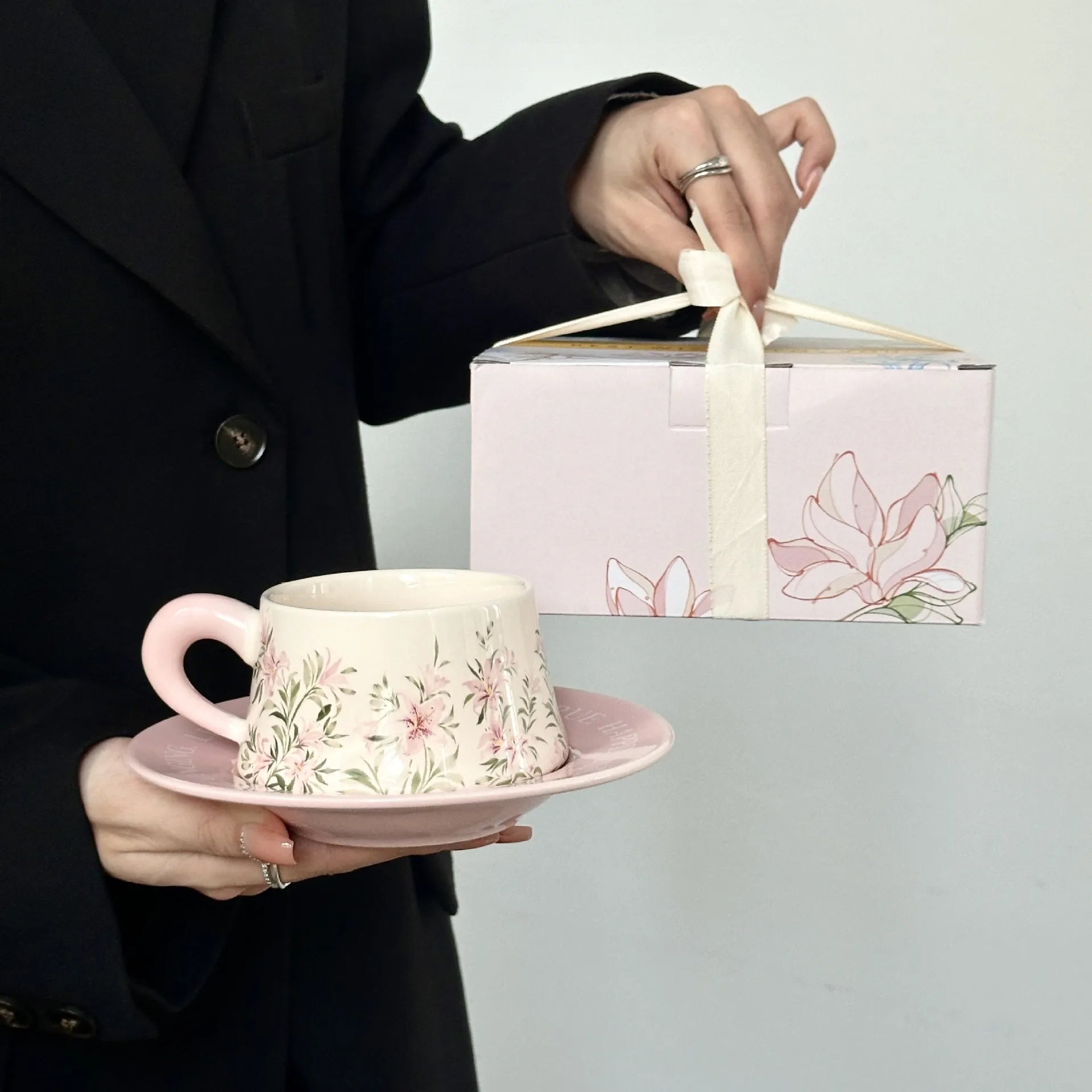 Hand-Painted Lily Ceramic Coffee Cup & Saucer Set Pink Pottery Mug Tea Cup