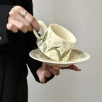Hand-Painted Green Lily Ceramic Coffee Cup Saucer Set Vintage Classic Pottery Mug Tea Cup