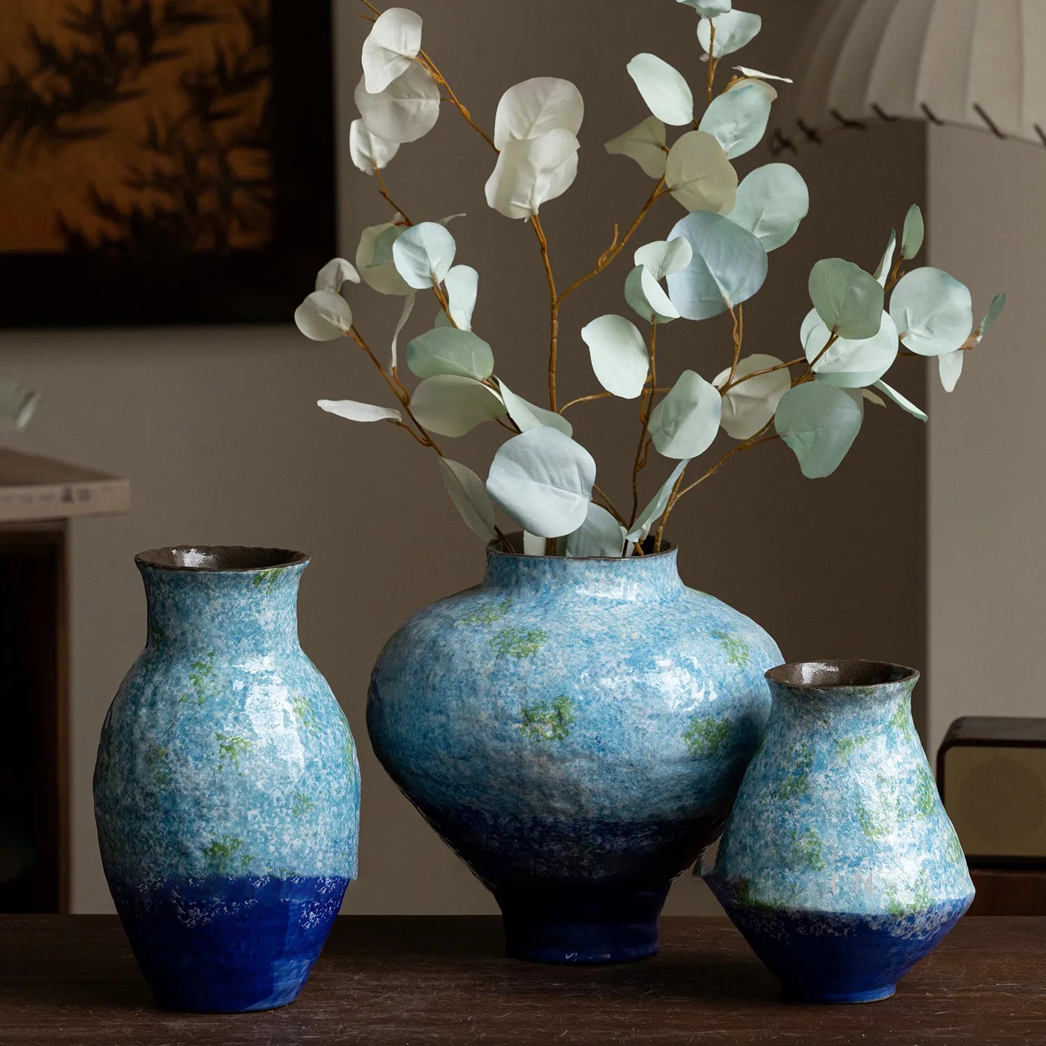 Retro Blue Ceramic Vase Living Luxury High-End Decorative Porcelain Flower Vase