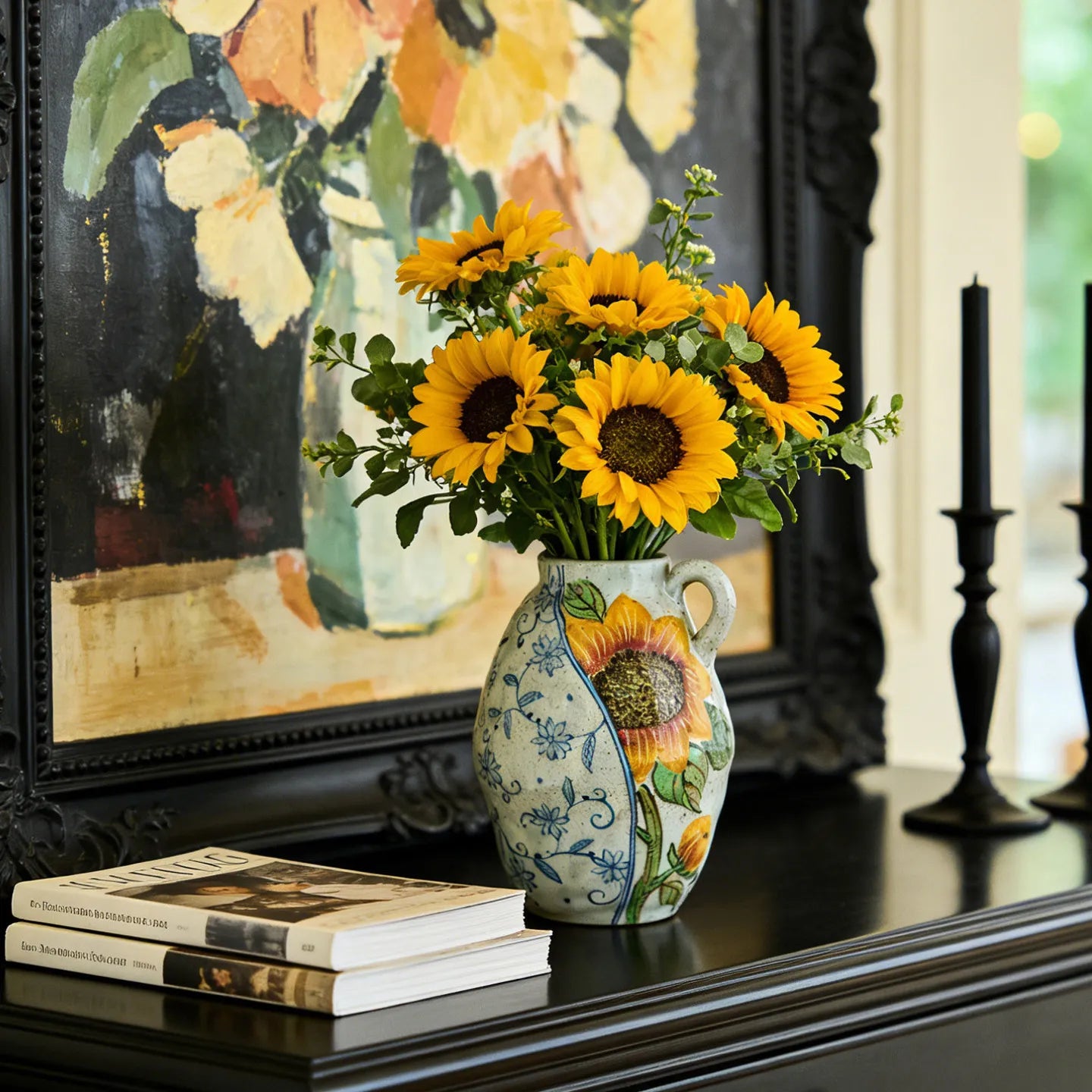 Hand-Painted Sunflower Blue and White Porcelain Vase Living Retro Chinese Ceramic Flower Vase