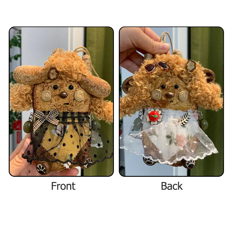 Double-sided Soybean Pod Dog Doll Bag Charm Natural Plant Plush Pod Craft with Fluffy Ears & Stylish Dresses