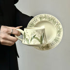 Hand-Painted Green Lily Ceramic Coffee Cup Saucer Set Vintage Classic Pottery Mug Tea Cup