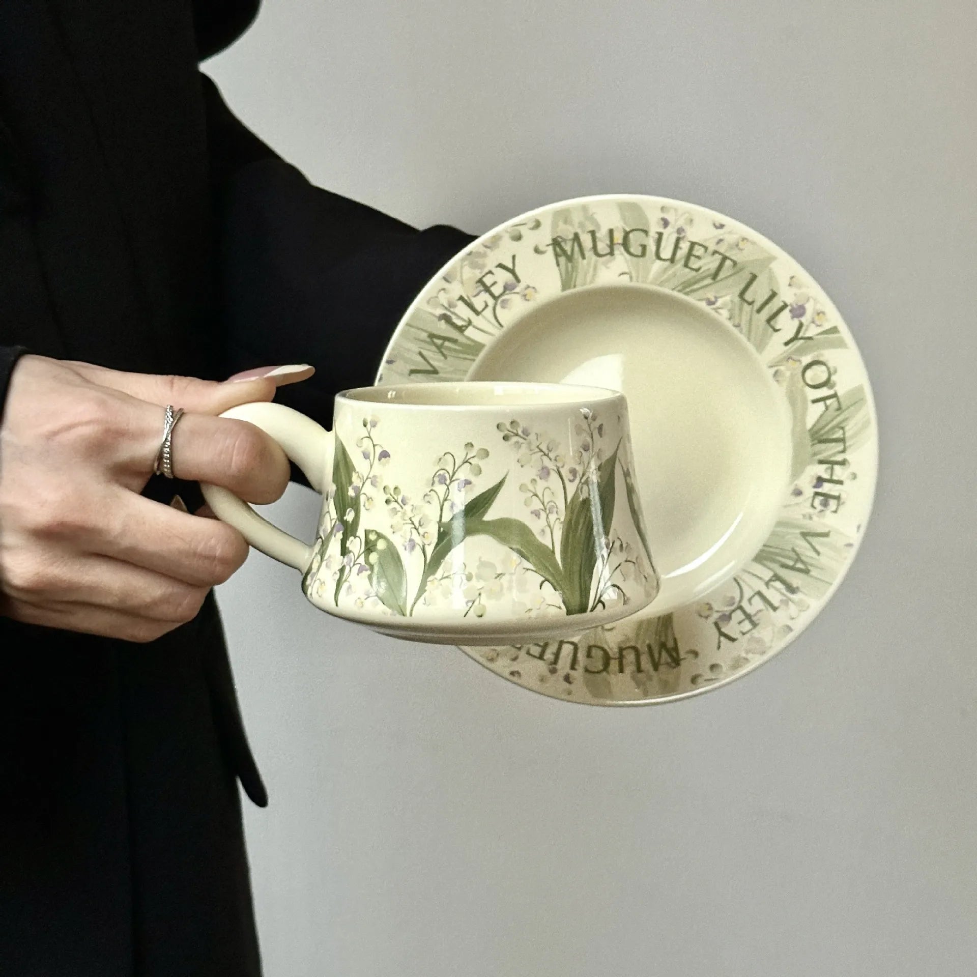 Hand-Painted Green Lily Ceramic Coffee Cup Saucer Set Vintage Classic Pottery Mug Tea Cup