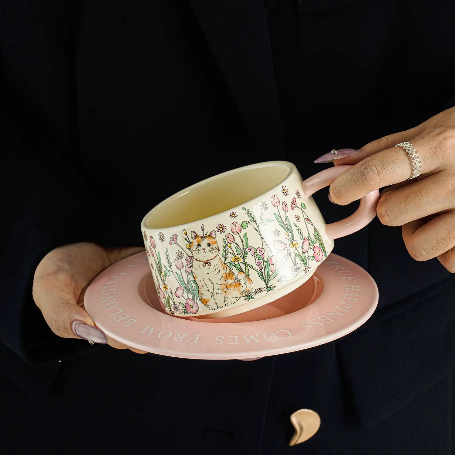 Oil-Painted Style Cat in the Flowers Ceramic Coffee Cup & Saucer Set  Elegant Pottery Mug Tea Cup Favors