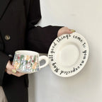 Flowers Full Bloom Ceramic Coffee Cup & Saucer Set Retro Elegant Latte Pottery Mug Tea Cup Gift