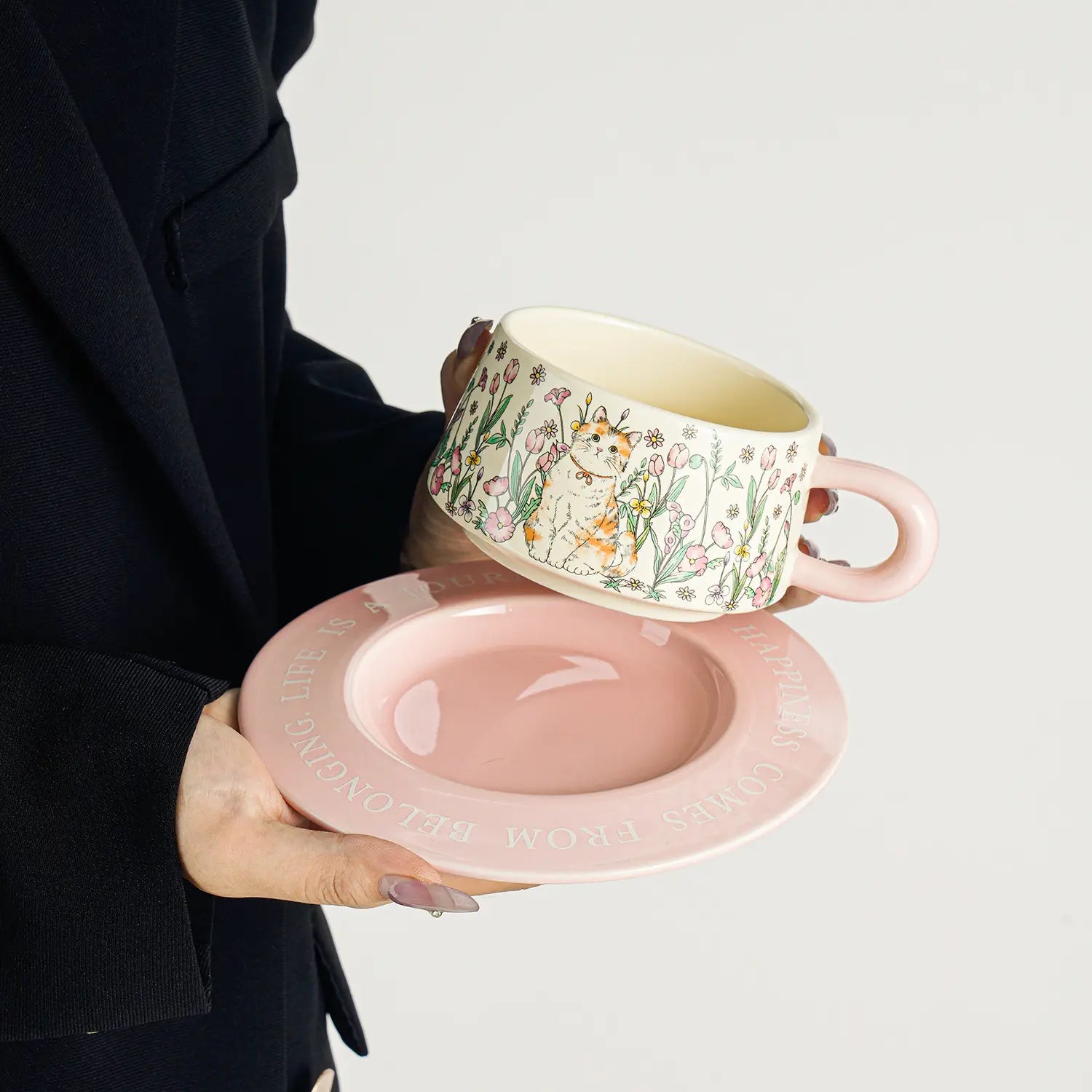 Oil-Painted Style Cat in the Flowers Ceramic Coffee Cup & Saucer Set  Elegant Pottery Mug Tea Cup Favors