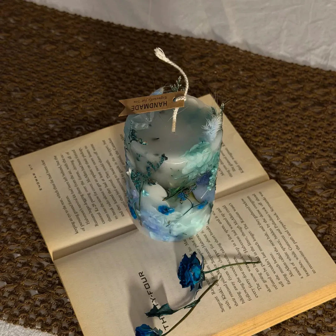 Handmade Blue & White Dried Flower Scented Candles Artisanal Home Decor & Aromatherapy Gift