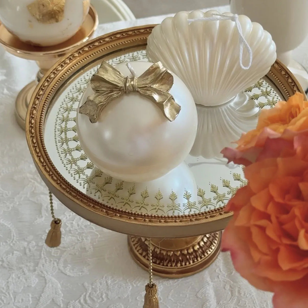 French Baroque Tassel Mirror Candle Tray Antique Gold Resin Candle Holder