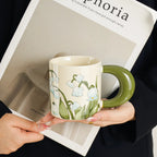 Hand-Painted Lily of the Valley Ceramic Coffee Mug & Saucer Set with Thick Handle Floral Pottery Latte Tea Cup