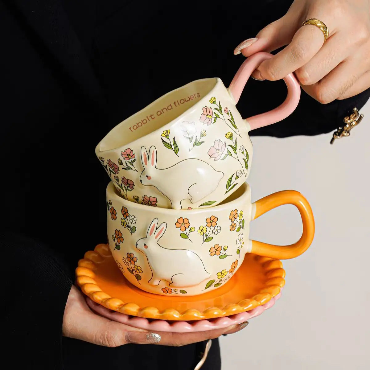 Hand-Painted Rabbit & Floral Ceramic Coffee Cup & Saucer Set Ead-Free Pottery Tea Cup Latte Mug