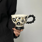 Hand-Painted Floral Ceramic Mug Vintage-Style High-Heeled Tea Cup Pottery Latte Mug