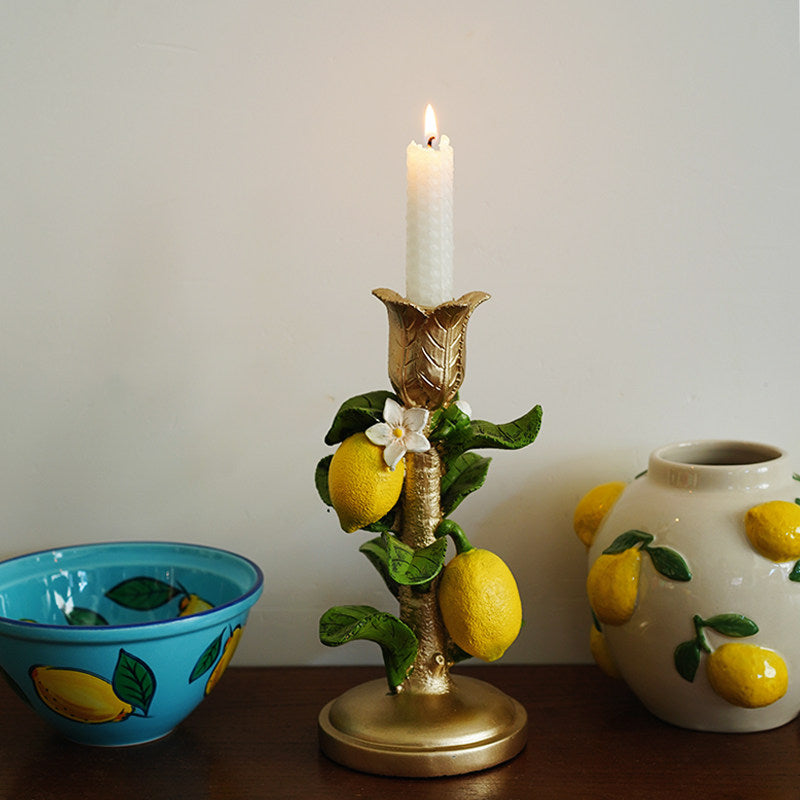 Bougeoir en résine de style européen, motif citron, peint à la main, décoration estivale.