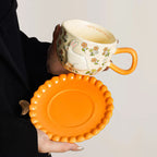 Hand-Painted Rabbit & Floral Ceramic Coffee Cup & Saucer Set Ead-Free Pottery Tea Cup Latte Mug