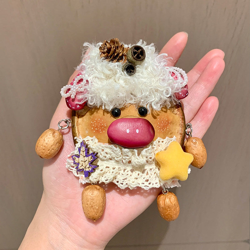 Handmade Natural Pod Fluffy Cow Doll Pendant Cottagecore Bag Charm