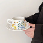 Elegant Narcissus Ceramic Coffee Cup & Saucer Set Sophisticated Pottery Painted Floral Latte Mug
