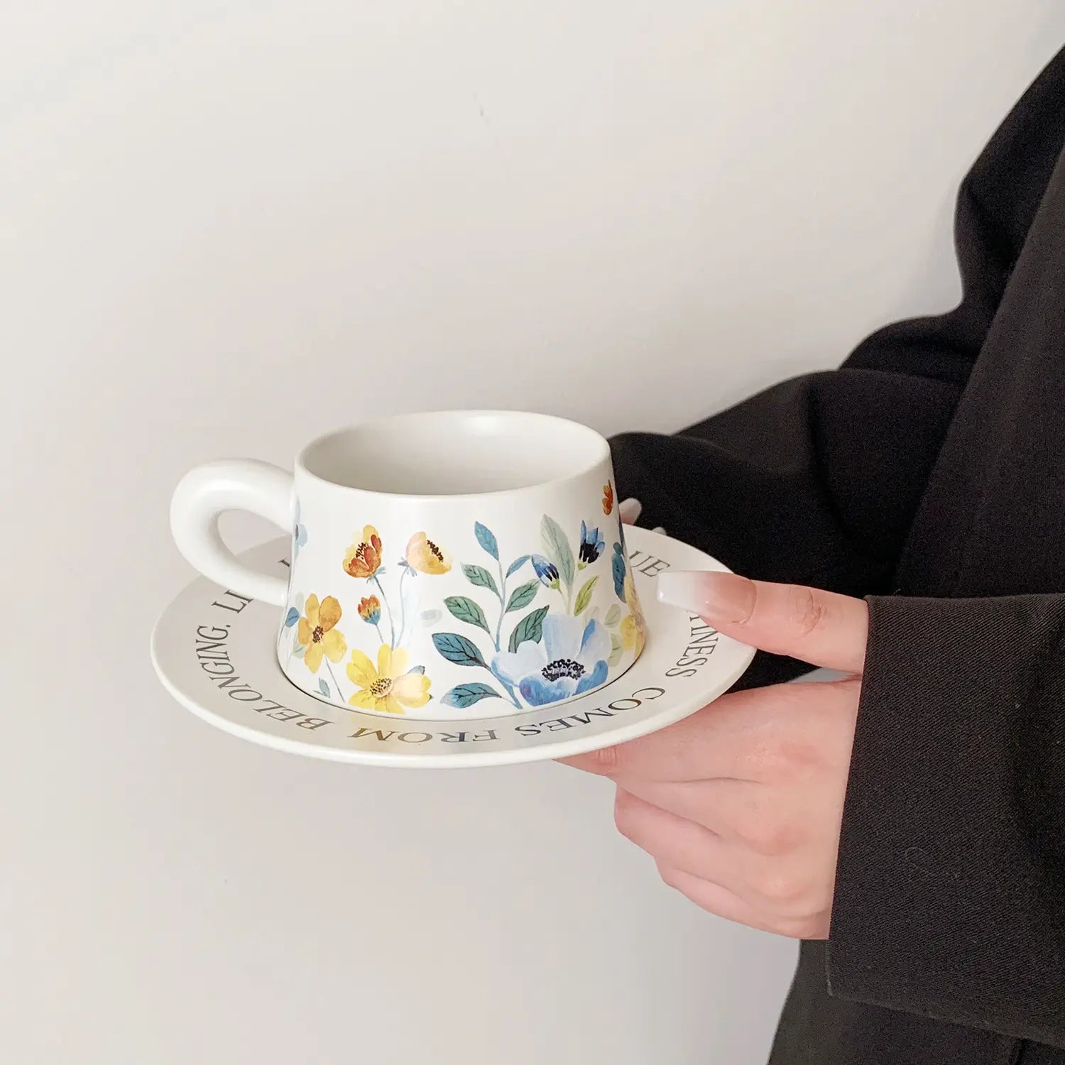 Elegant Narcissus Ceramic Coffee Cup & Saucer Set Sophisticated Pottery Painted Floral Latte Mug