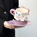 Hand-Painted Lilac Wisteria Ceramic Coffee Cup & Saucer Set Floral Latte Mug Purple Pottery Tea Cup