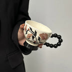 Hand-Painted Floral Ceramic Mug Vintage-Style High-Heeled Tea Cup Pottery Latte Mug