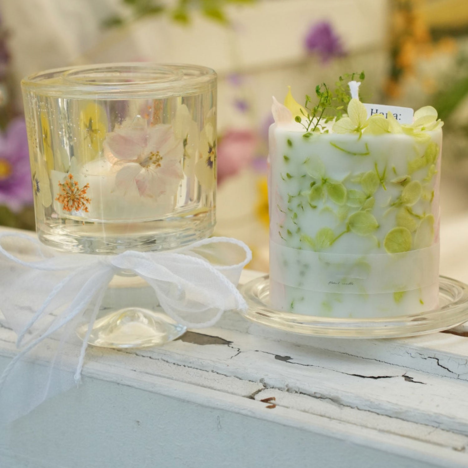 Fairy Trail Green Dried Flower Scented Candle Gift Set with Holder & Tea Lights Handmade Soy Wax Candle