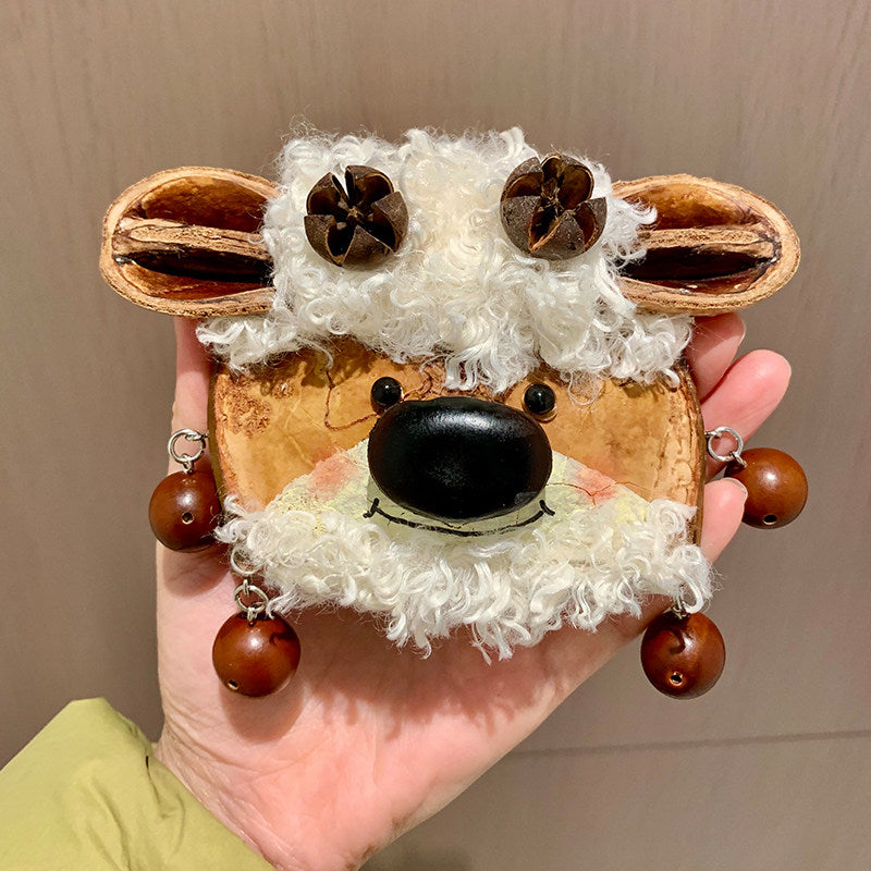 Handmade Fuzzy Lamb Bag Charm Natural Pod Lamb Doll Pendant with Nut & Pod Decor