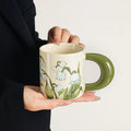 Hand-Painted Lily of the Valley Ceramic Coffee Mug & Saucer Set with Thick Handle Floral Pottery Latte Tea Cup