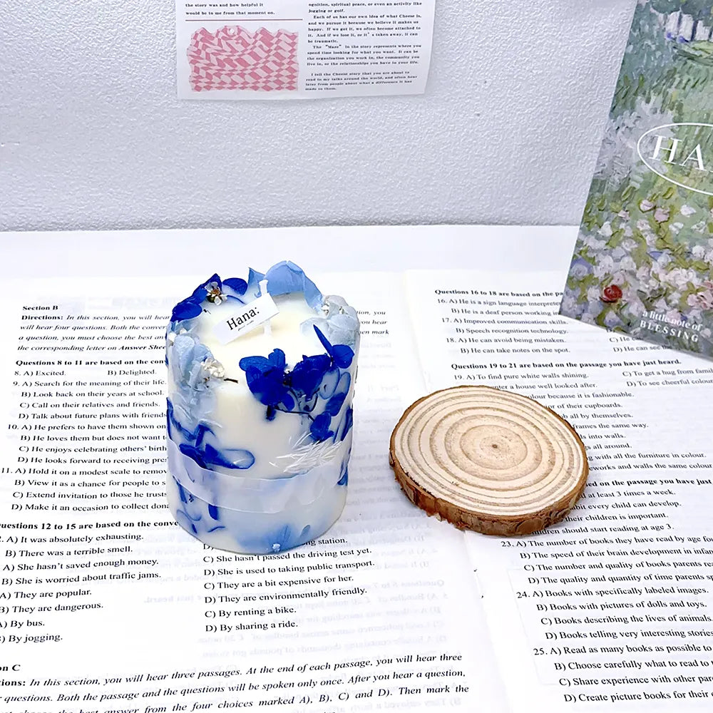 Blue Tone Rose Scented Candle Gift Set Artisan Soy Wax Candle with Real Flowers