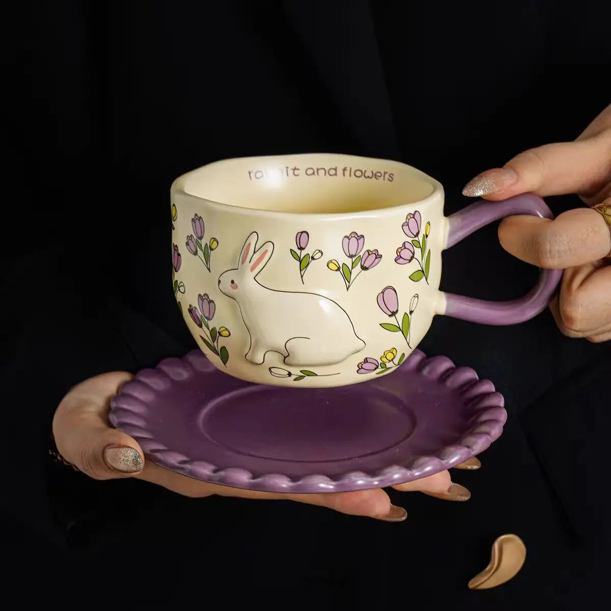 Hand-Painted Rabbit & Floral Ceramic Coffee Cup & Saucer Set Ead-Free Pottery Tea Cup Latte Mug