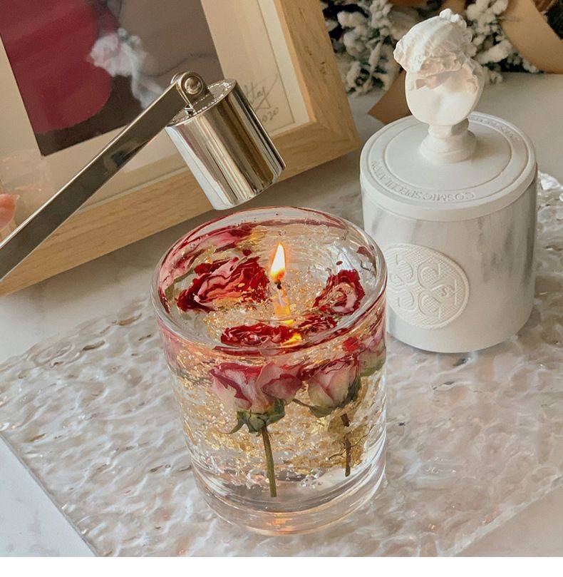Premium Jelly Wax Scented Candle with Real Dried Roses Sleep & Bedroom Aromatherapy Dried flower Candles