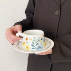 Elegant Narcissus Ceramic Coffee Cup & Saucer Set Sophisticated Pottery Painted Floral Latte Mug