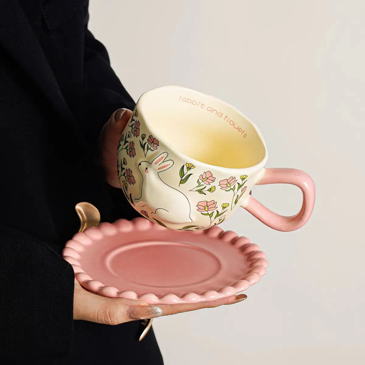 Hand-Painted Rabbit & Floral Ceramic Coffee Cup & Saucer Set Ead-Free Pottery Tea Cup Latte Mug