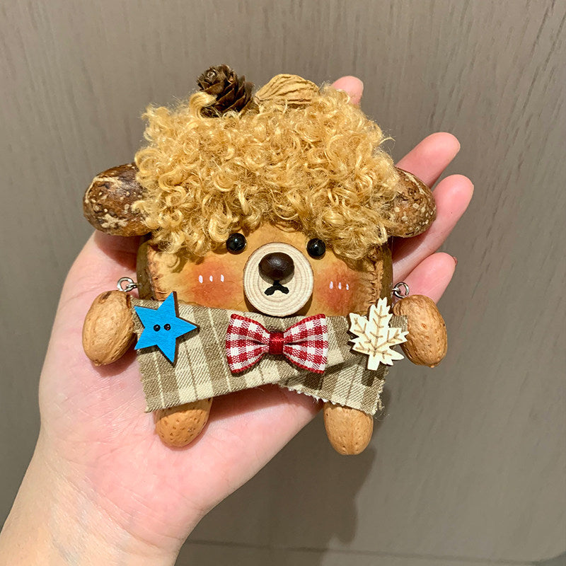 Handmade Natural Pod Doll Bag Charm Pendant with Red Plaid Bow Clothes