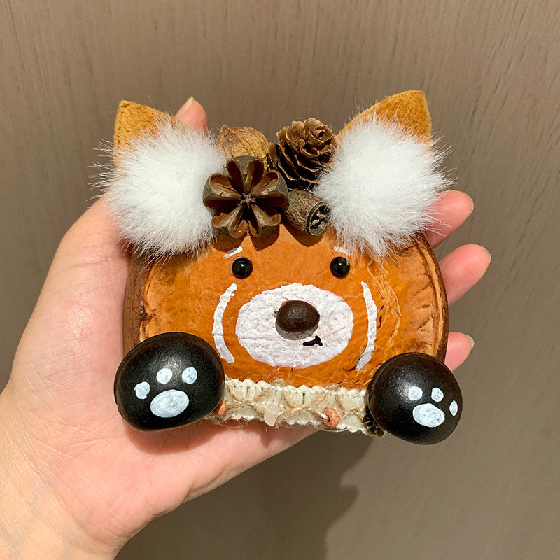 Natural Pod Red Panda Doll Pendant Rustic Woodland-Style Bag Charm with Pinecone & Star Anise Decor