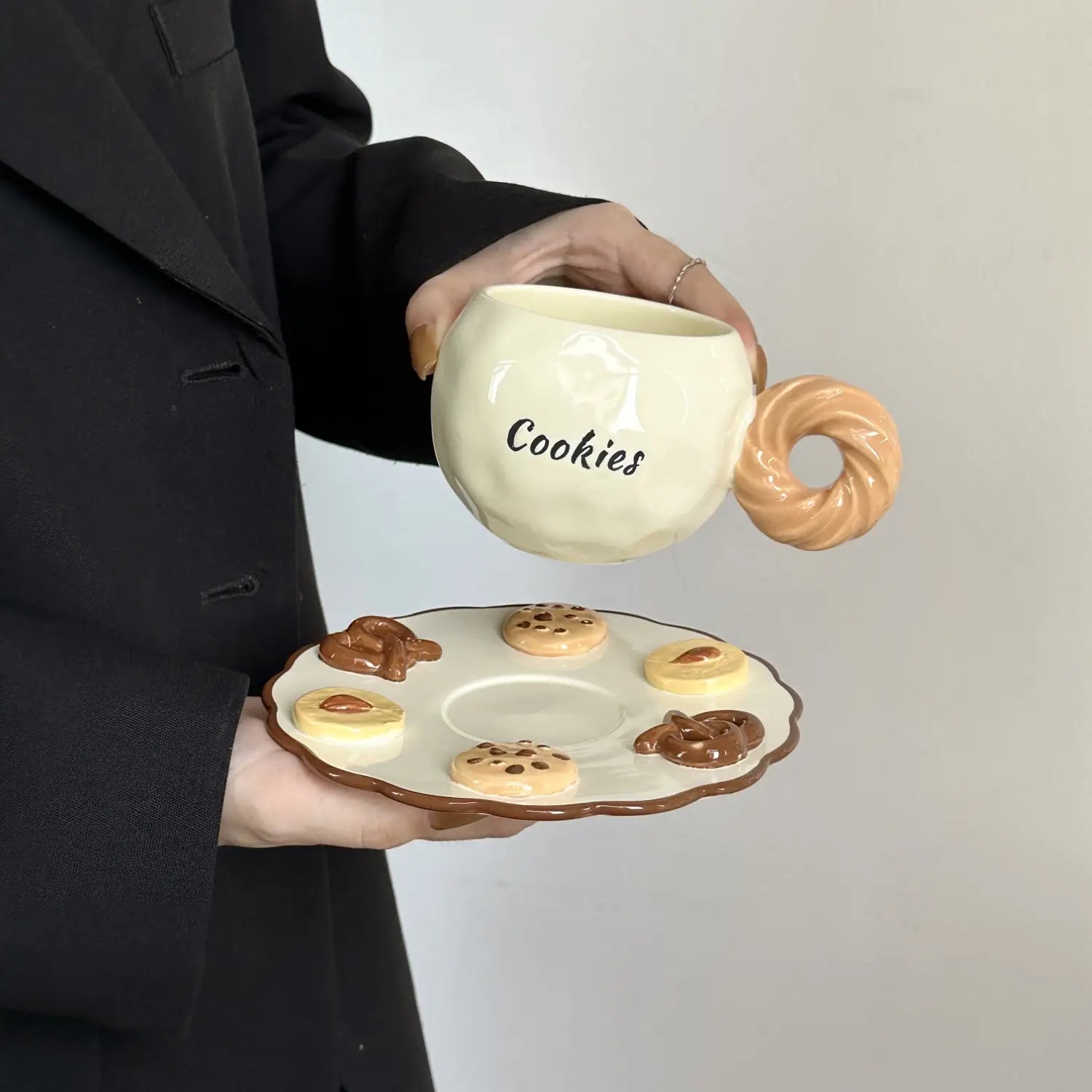 3D Adorable Cookie Ceramic Coffee Cup & Saucer Drinking Set Cute Pottery Latte Mug