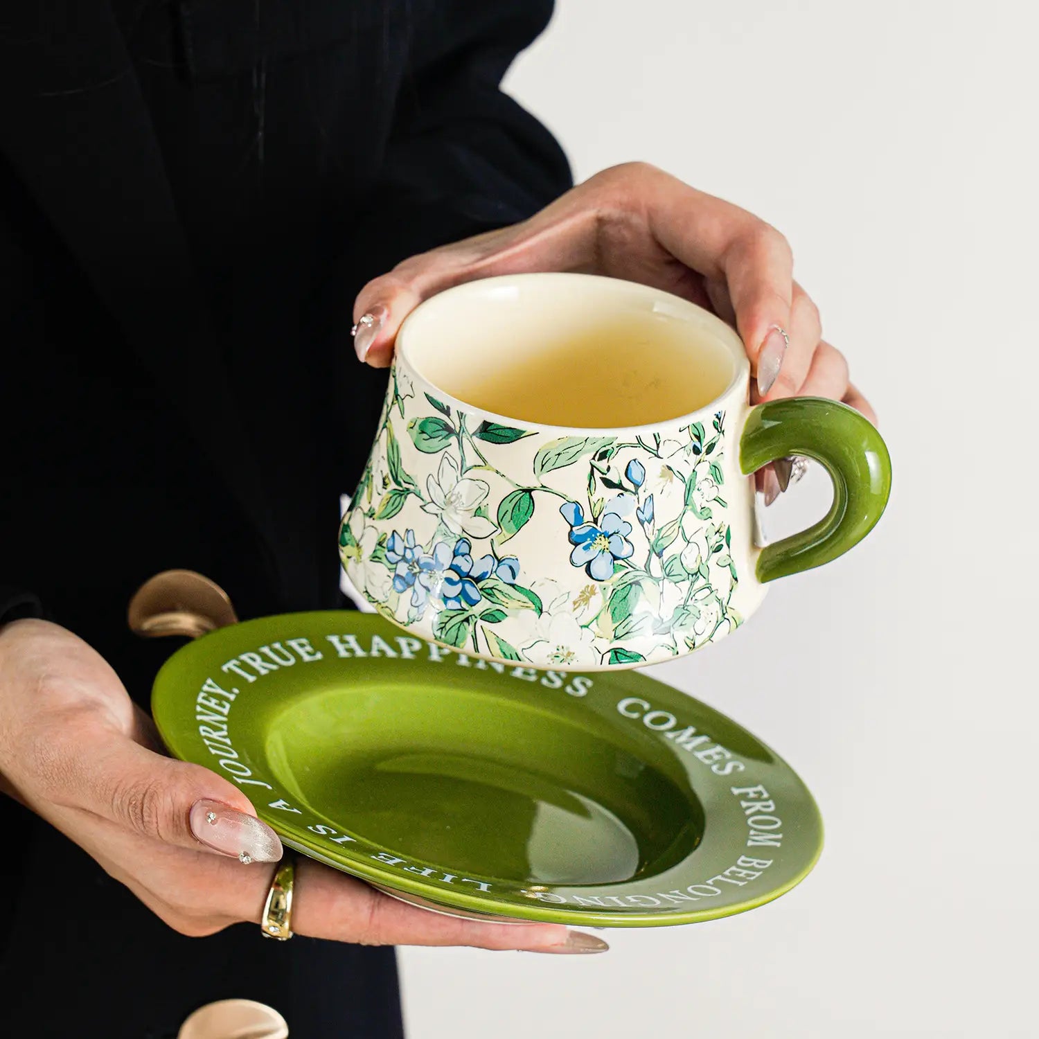 Elegant Jasmine Ceramic Coffee Cup & Saucer Set Painted Floral Latte Mug Birthday & Party Favors Gift