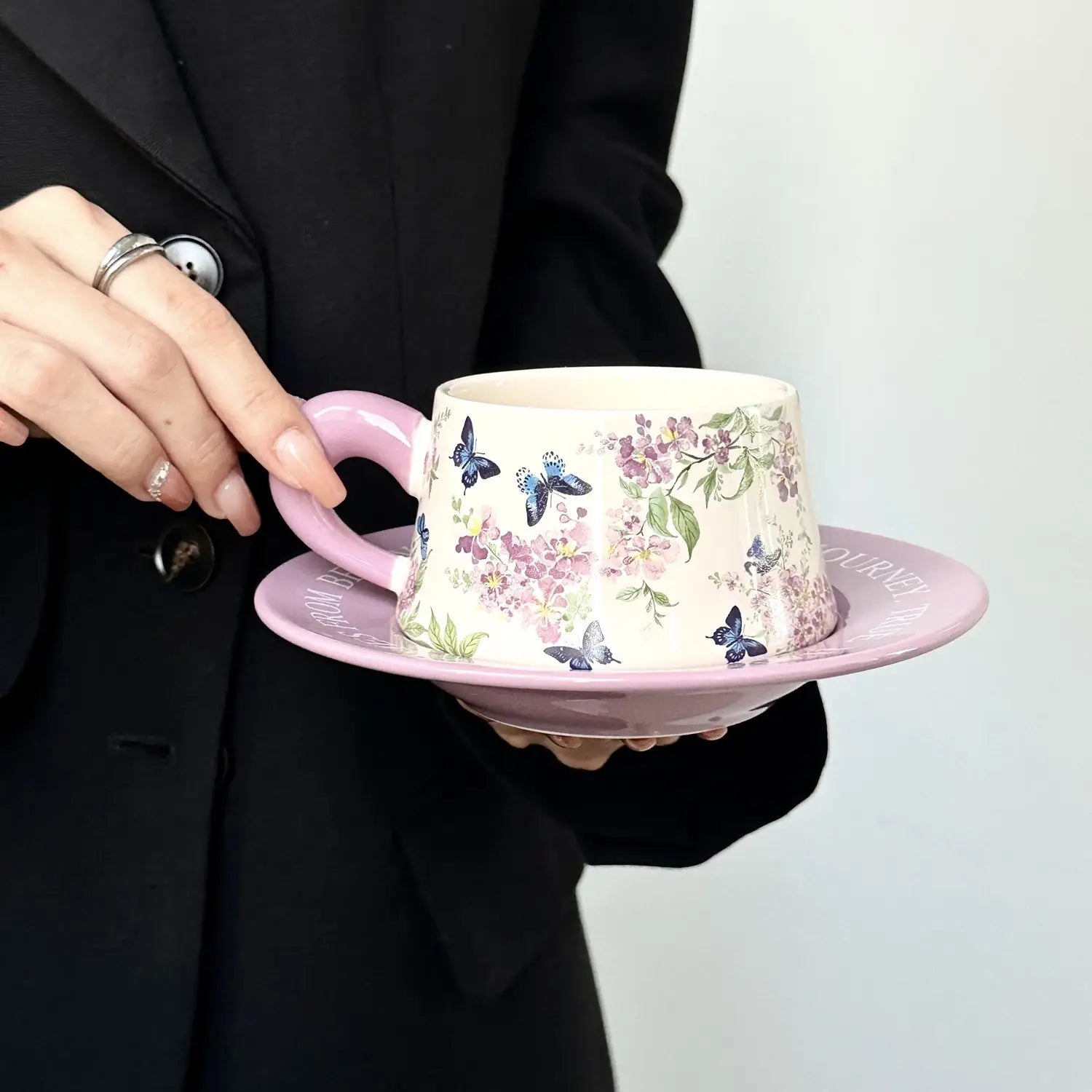 Hand-Painted Lilac Wisteria Ceramic Coffee Cup & Saucer Set Floral Latte Mug Purple Pottery Tea Cup
