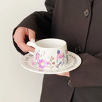 Vintage Ditsy Cymbidium Ceramic Coffee Cup & Saucer Set Elegant Painted Latte Mug Pottery Tea Cup