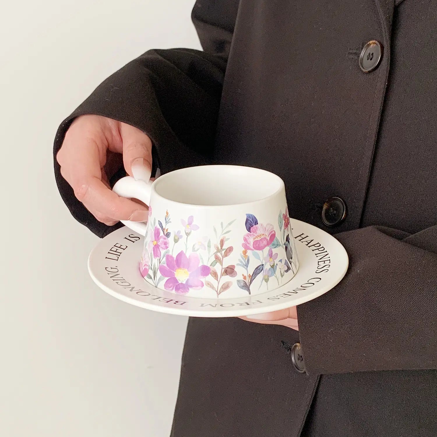Vintage Ditsy Cymbidium Ceramic Coffee Cup & Saucer Set Elegant Painted Latte Mug Pottery Tea Cup