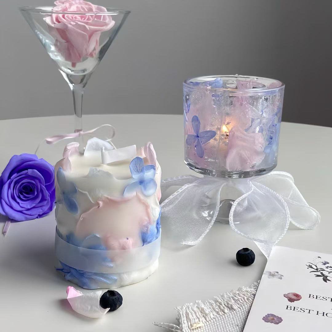 Iris Blue Dried Flower Scented Candle Gift Set with Tray & Tea Lights Handmade Soy Wax Candle