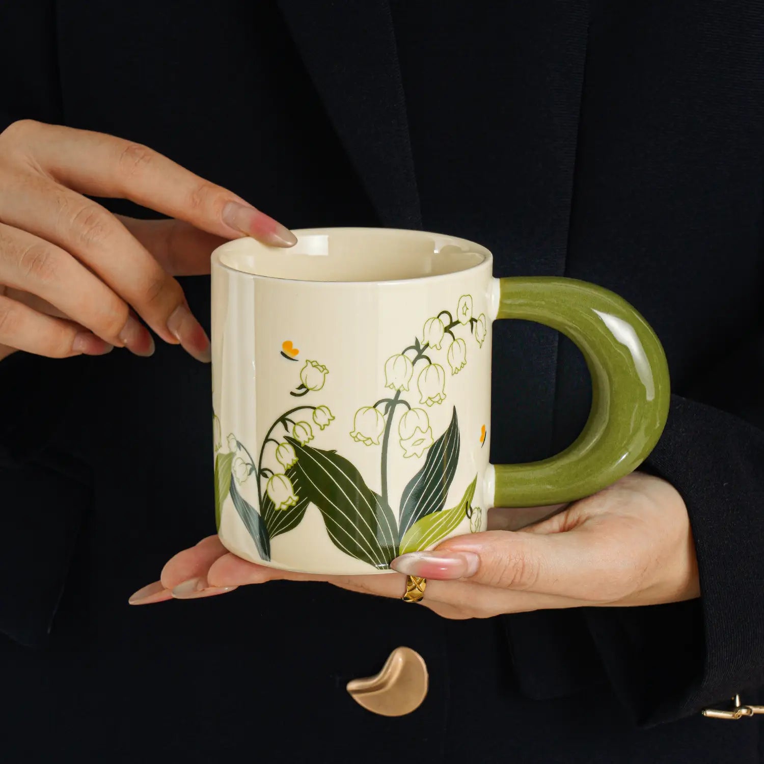 Hand-Painted Lily of the Valley Ceramic Coffee Mug & Saucer Set with Thick Handle Floral Pottery Latte Tea Cup