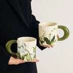 Hand-Painted Lily of the Valley Ceramic Coffee Mug & Saucer Set with Thick Handle Floral Pottery Latte Tea Cup