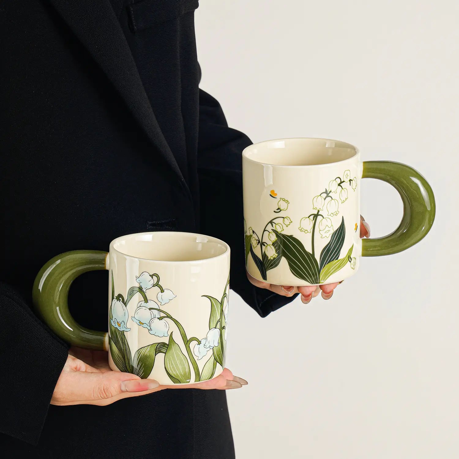 Hand-Painted Lily of the Valley Ceramic Coffee Mug & Saucer Set with Thick Handle Floral Pottery Latte Tea Cup