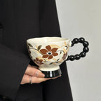 Hand-Painted Floral Ceramic Mug Vintage-Style High-Heeled Tea Cup Pottery Latte Mug