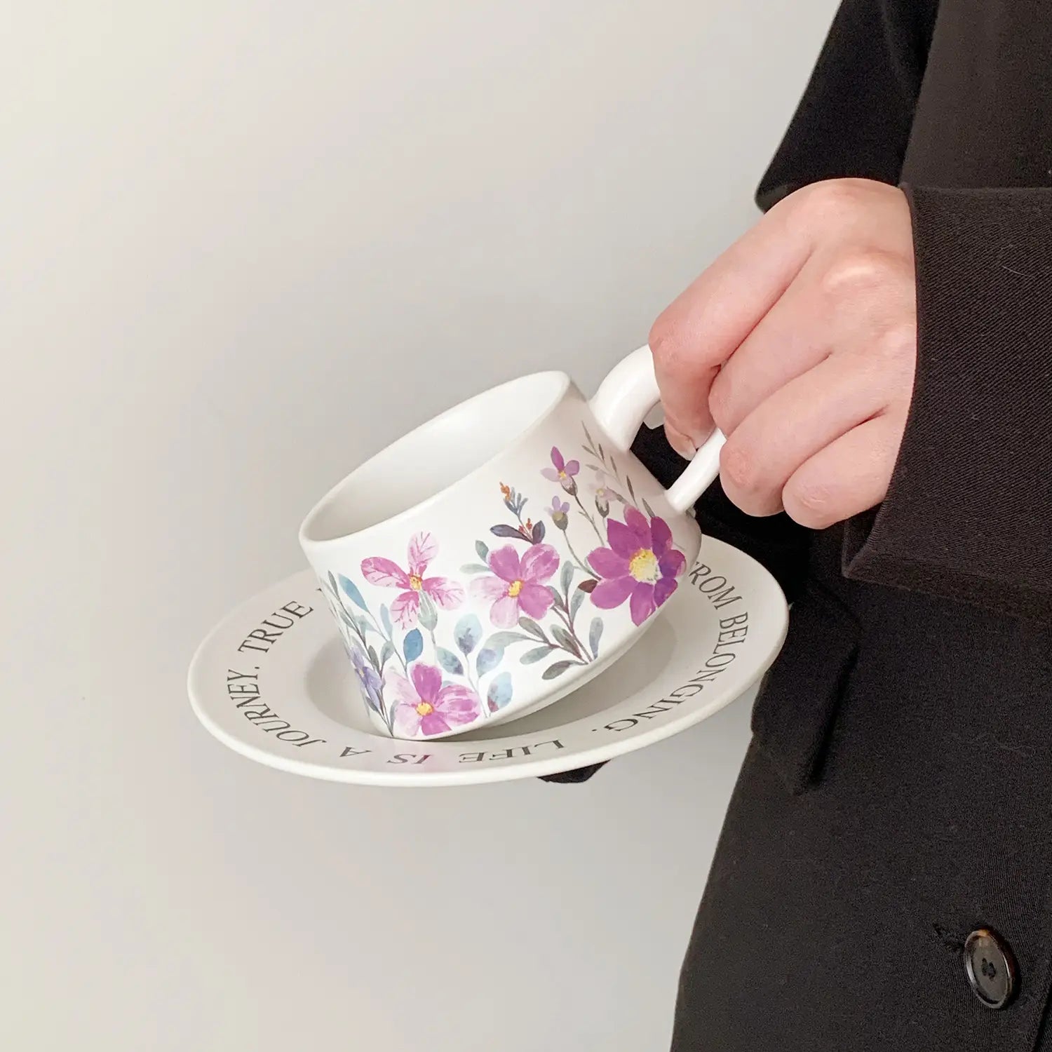 Vintage Ditsy Cymbidium Ceramic Coffee Cup & Saucer Set Elegant Painted Latte Mug Pottery Tea Cup