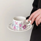 Vintage Ditsy Cymbidium Ceramic Coffee Cup & Saucer Set Elegant Painted Latte Mug Pottery Tea Cup
