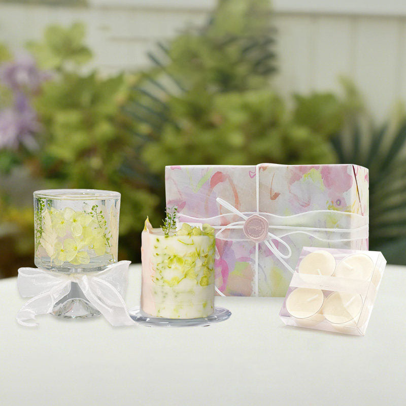 Fairy Trail Green Dried Flower Scented Candle Gift Set with Holder & Tea Lights Handmade Soy Wax Candle